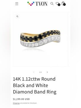 14k white & yellow gold ring 1.12 ctw of natural white/black diamonds. SIZE 6